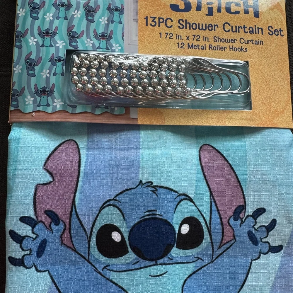 Disney Stitch Wave Print Fabric Shower Curtain - Teal & Aqua  and 12 hooks